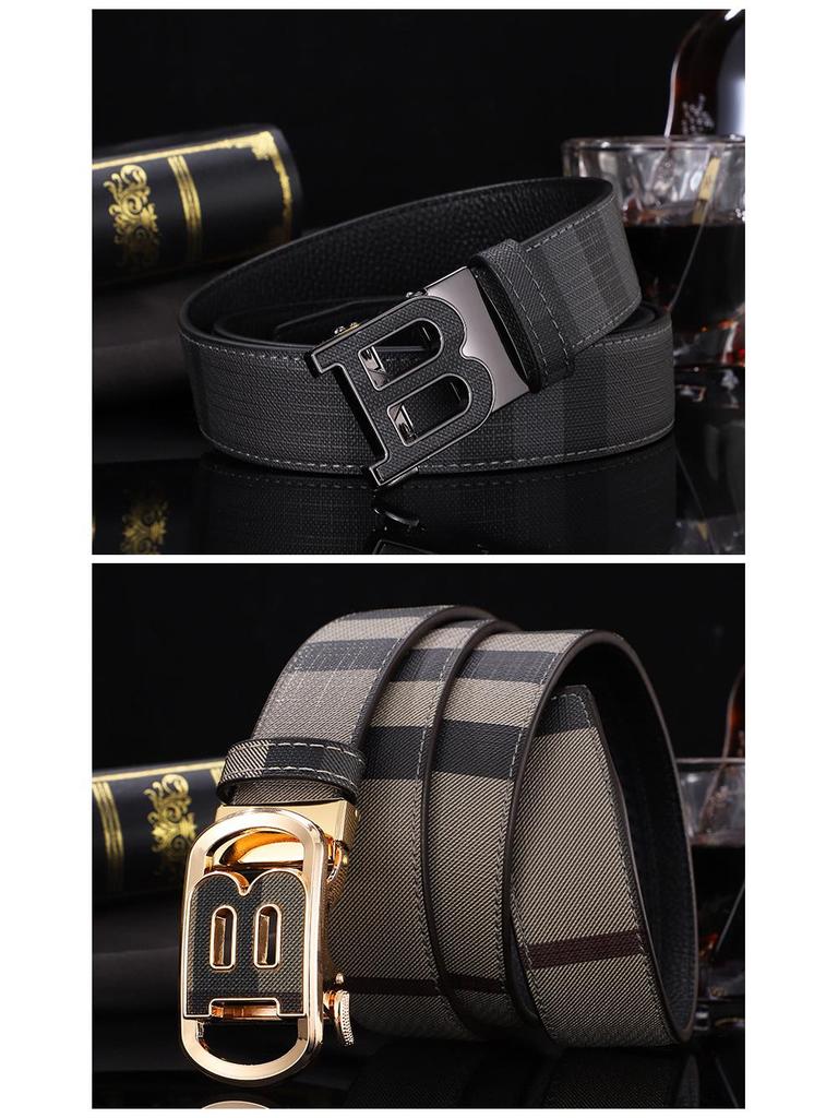 Men's Genuine Leather Belt - Cowhide Plaid with Automatic Buckle, Versatile Business & Fashion Style