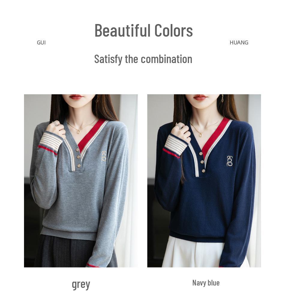 Elegant V-Neck Wool Knit Color Block Sweater - Women's Spring & Autumn Short Style, Age-Reducing Base Layer