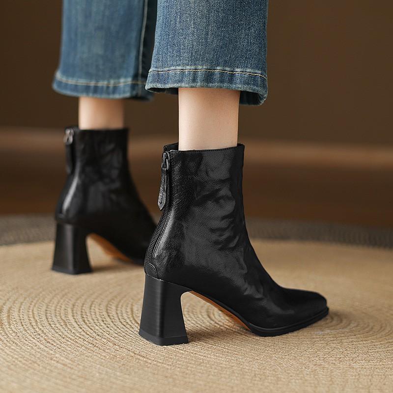 Womens Square Toe Chunky Heel Ankle Boots Slim Fit Fall Winter