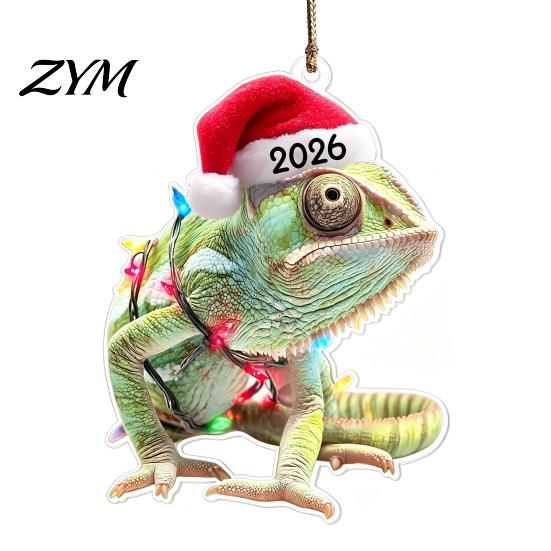 Year of 2026 Commemorative Keepsakes Christmas Animal Hanging Ornaments with Lanyard, Cute Double Sided Pendant Festive Wall Decor Santa Hat, 2D Flat