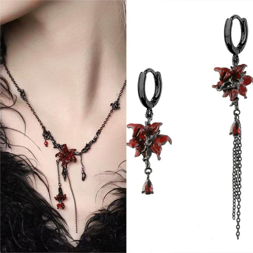 Dark Red Mandala Flower Jewelry Punk Style Necklace Retro Earring Women Accessories