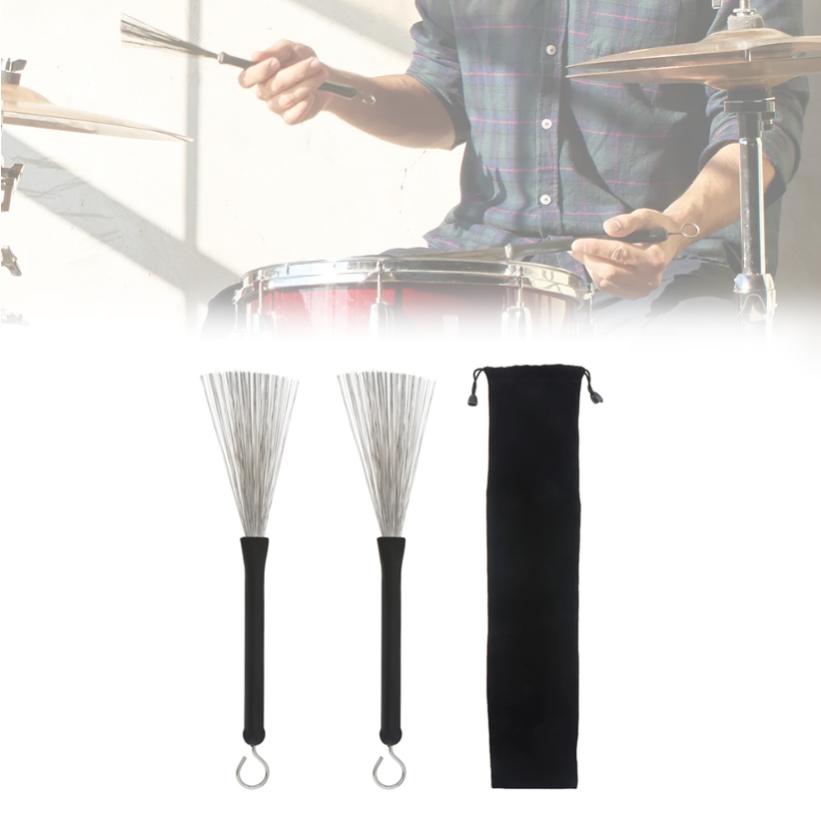 1 Pair Retractable Rubber Handles Steel Wire Jazz Drum Brushes with Velvet Bag