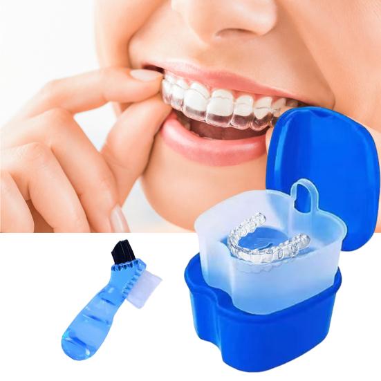Коробка для брекетов с двухсторонней щеткой для чистки, переносная коробка для фиксаторов с корзиной для слива, дорожный футляр для ванночки для зубных протезов, держатель для контейнера для выравнивателя