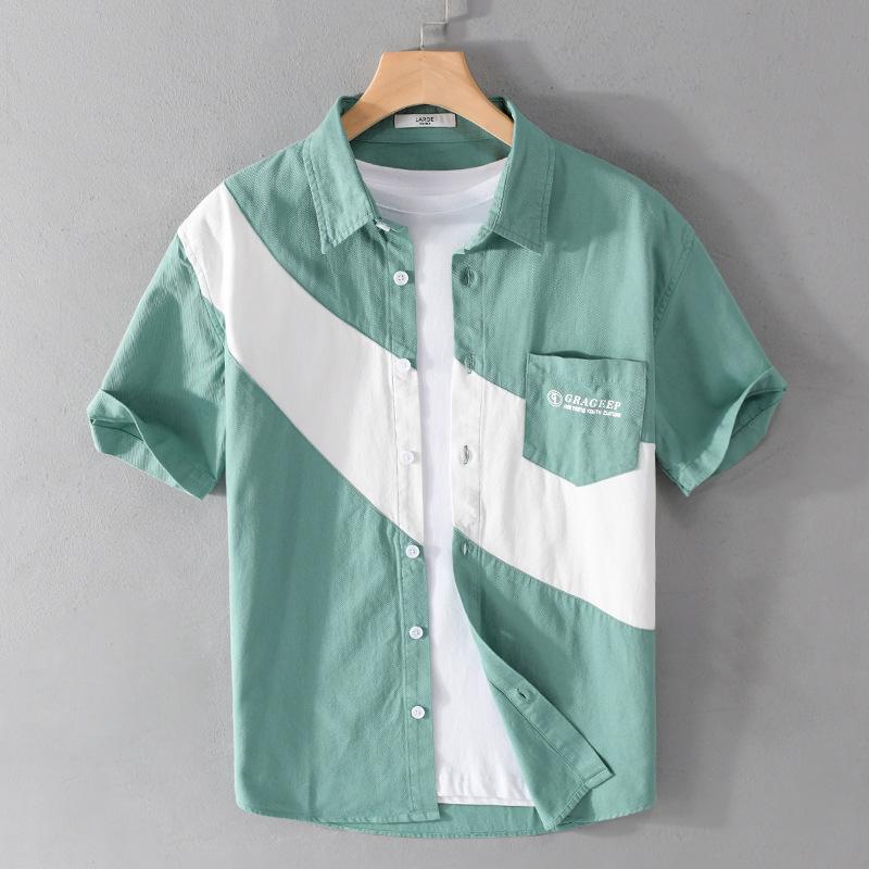 Корейская мода пэчворк мужские рубашки летние повседневные красивые рубашки с коротким рукавом из чистого хлопка мягкая и удобная мужская одежда