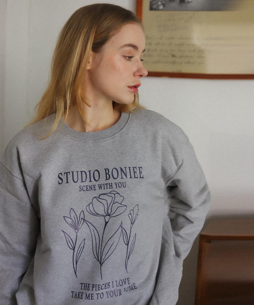 BONIEE [Fleece Lined] Vintage Flower Graphic Oversized Sweatshirt Gray