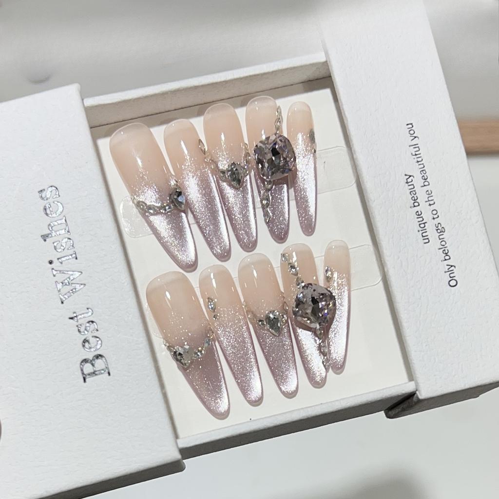 Long Cat Eye Wear Armor Handmade Purple Romantic Flash Diamond Manicure Nude Fake Nail Removable Nails