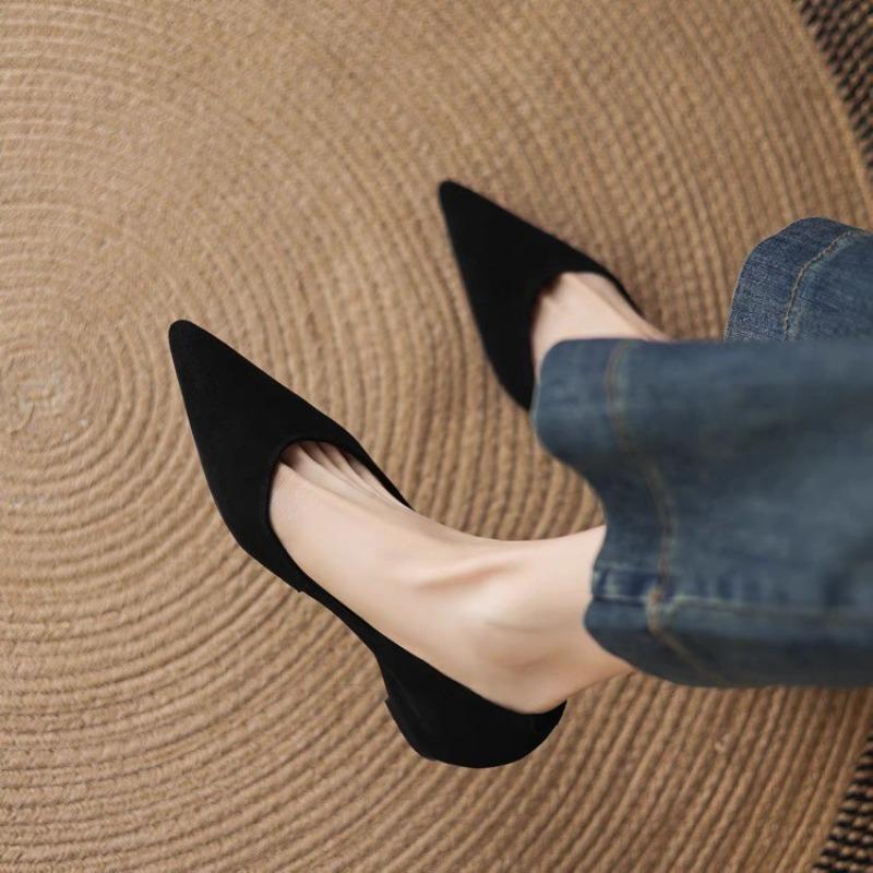 Fall New Suede Low Heel Shoes Women's Fashion Pointed Toe Shallow Mouth Cover Foot Non-slip Soft Sole Single Shoes