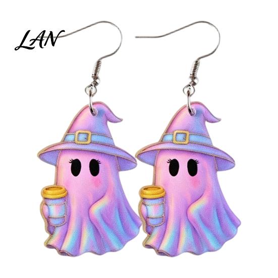 Non-oxidizing Earring Hooks 1 Pair Acrylic Halloween Earrings, Cute Pink Ghost Dangle Bow Detail Earrings Drop Holiday Costume Jewelry for Women