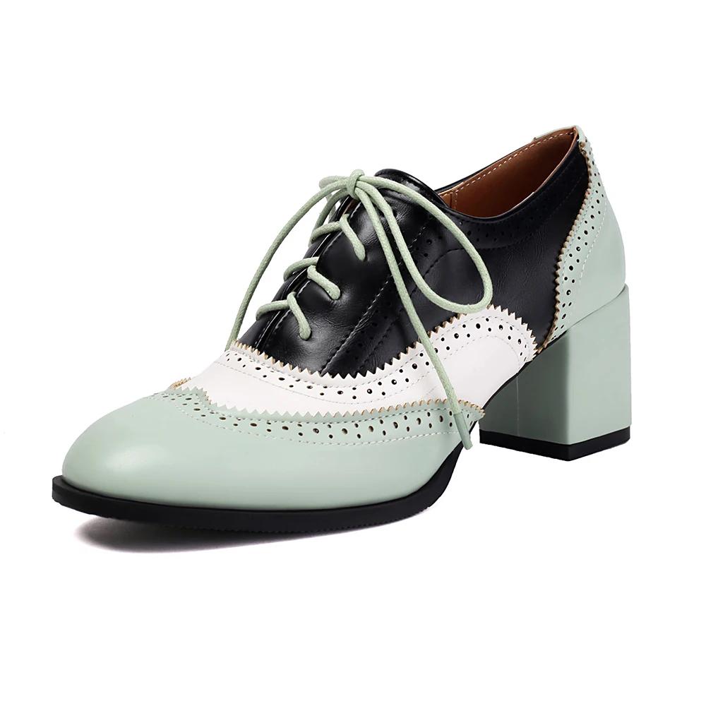 Винтажные повседневные туфли на шнуровке для женщин, модные туфли-лодочки смешанных цветов, женские туфли из искусственной кожи на высоком каблуке, одинарная обувь большого размера 34-46