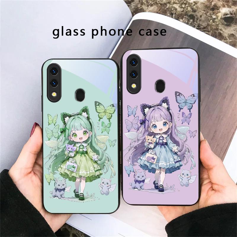 Q-версия Синяя Бабочка Для Samsung Galaxy A30 A31 A32 A33 A34 A35 A42 A30s A20 A25 A26 A51 A56 A54 A72 A73 70 Стеклянный Чехол для Телефона