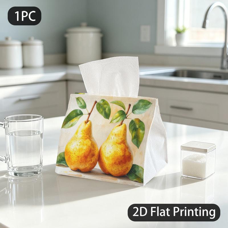 1pc Tissue Box, Watercolor Two Pears Fresh Warm Pattern, 2D Flat Printing, Crafted with Strong Polyester, Folds Flat, Tissue Container, for Around The