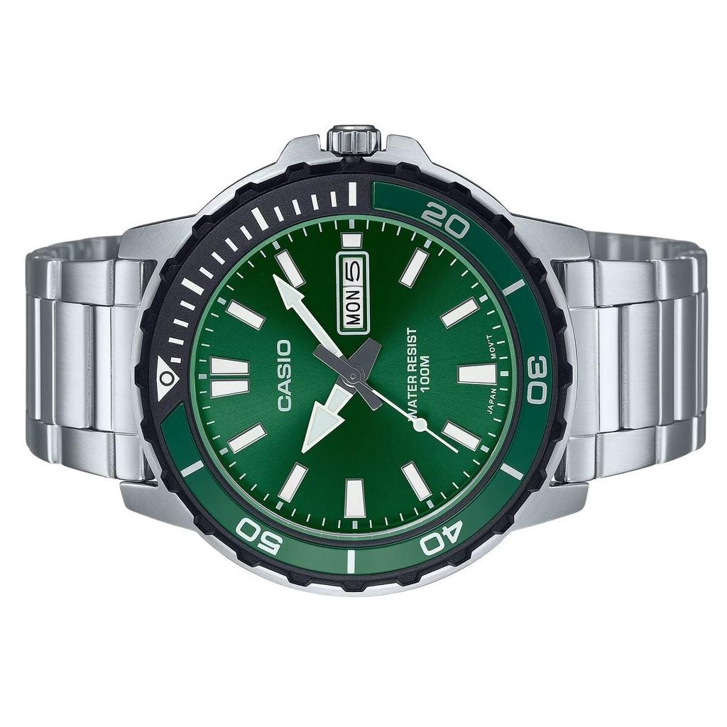 Casio Стандартные аналоговые кварцевые мужские часы из нержавеющей стали с зеленым циферблатом MTD-125D-3AV 100M