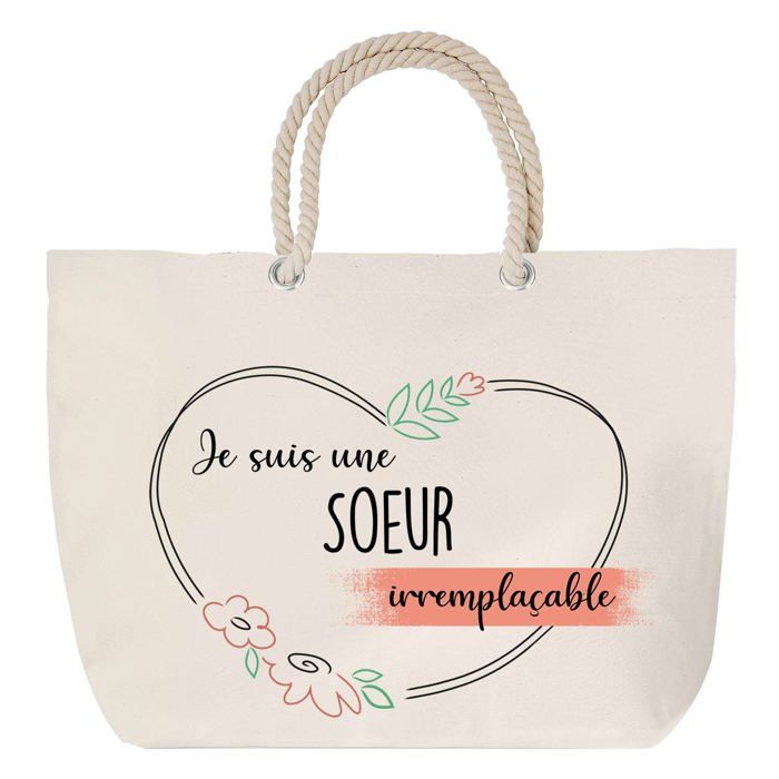 Sac de plage avec anse corde Soeur Irremplaçable Frangine Sœur Cadeau Anniversaire Noël | Grand Sac de Transport & Sport