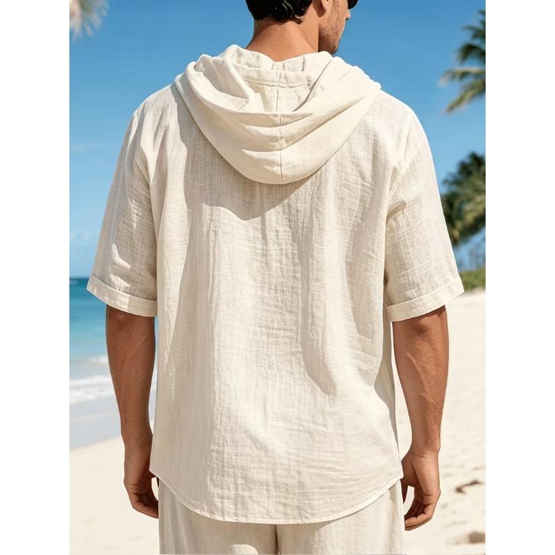 Mens Linen Hooded Short Sleeve T Shirt Loose Fit For Beach Vacation