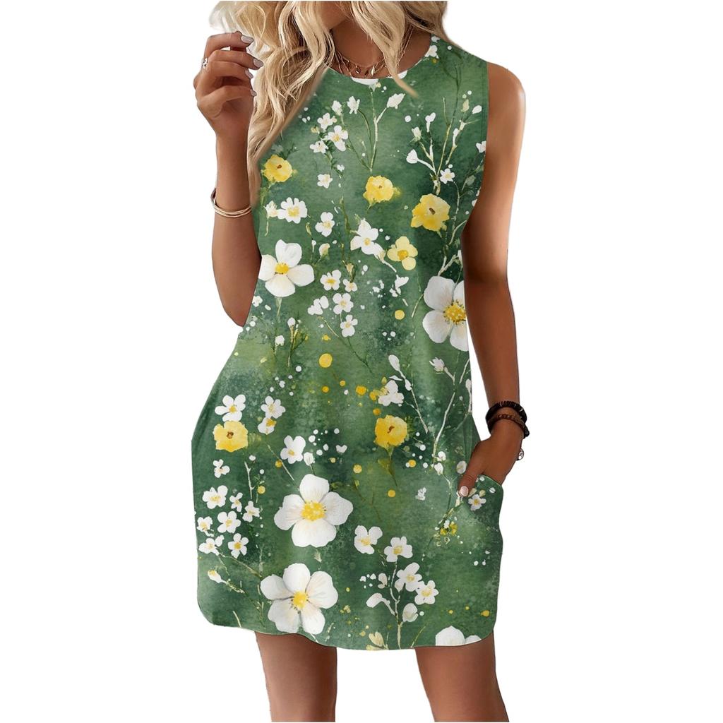Женское повседневное и модное платье средней длины с круглым вырезом и без рукавов с принтом