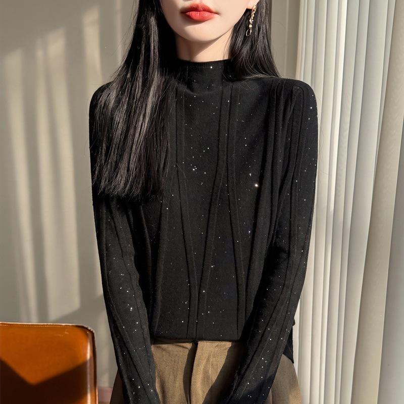 2026 Women's Autumn/Winter Slim-Fit Rhinestone Knit Sweater with Half-High Collar