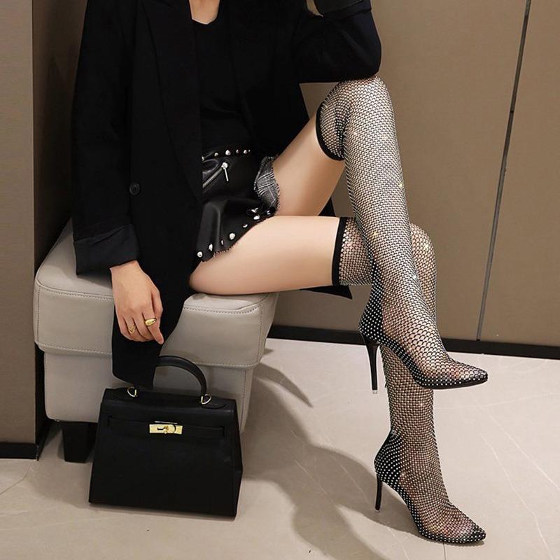 Модные женские ботинки до колена с острым носком и высоким каблуком, крутые ботинки с вырезами, длинные ботинки, женские, с водяными бриллиантами, сексуальные, модные, сетчатые сандалии, Sandalias Muje