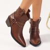 Plus Size Pointed Toe Chunky Heel Ankle Leather Buckle Metal Stud Punk Mid-Boots  Zip Plush Inner Vintage Women's Boot