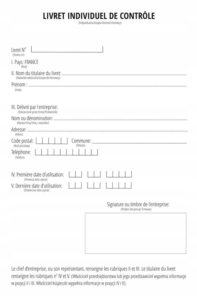 Driver' Working Time Book France - Livret Individual De Controle - 30 pcs
