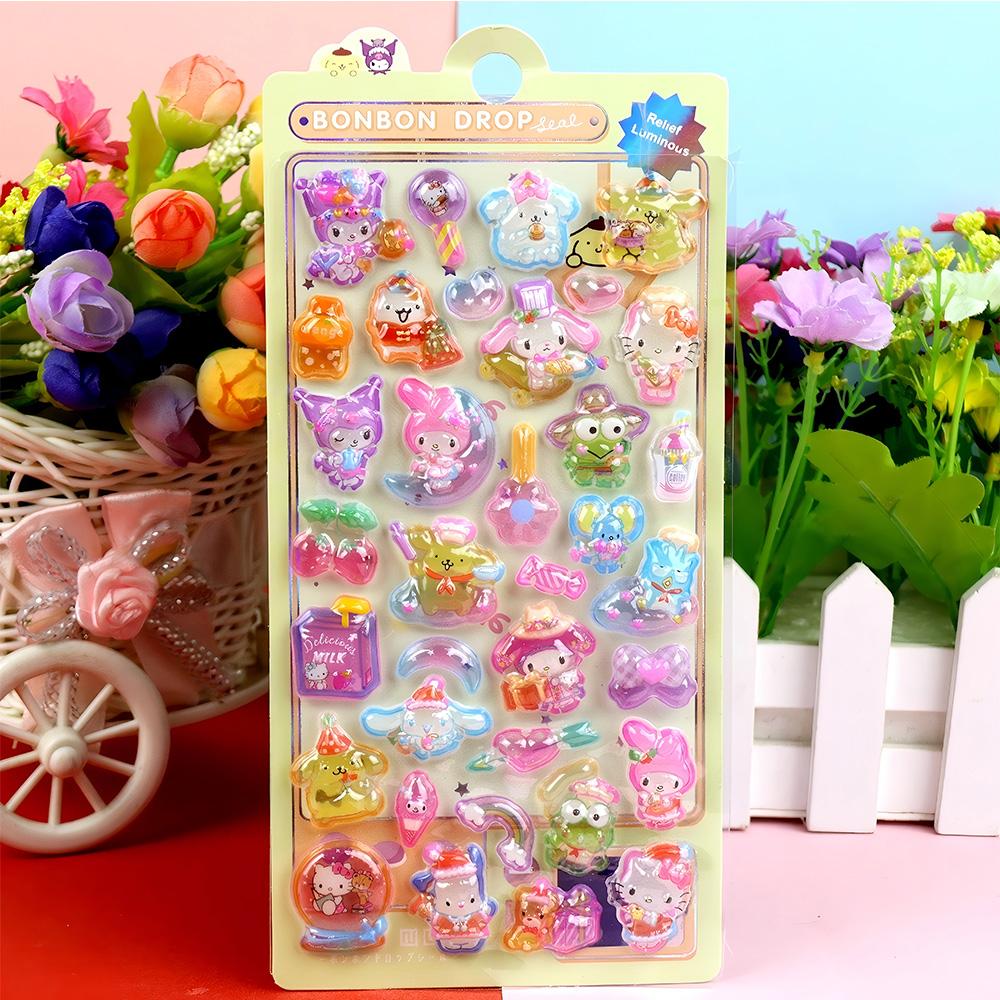 Kawaii Kuromi Cinnamoroll My Melody 3D Relief Stickers Cute Sanrio Luminous Crystal Sticker Toys Reward Decoration Decals Gifts