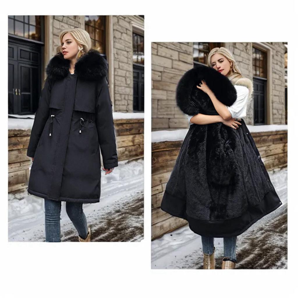 Женская осенне-зимняя куртка, парка, утепленная хлопковая подкладка, средней длины, с меховым воротником и капюшоном, регулируемая талия, сплошной цвет