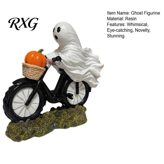 Ghost Figurine for Halloween Decoration Riding Motorcycle Figurine, Novelty Rider Resin Small with Pumpkins Statue Pumpkin Indoor Home Desk