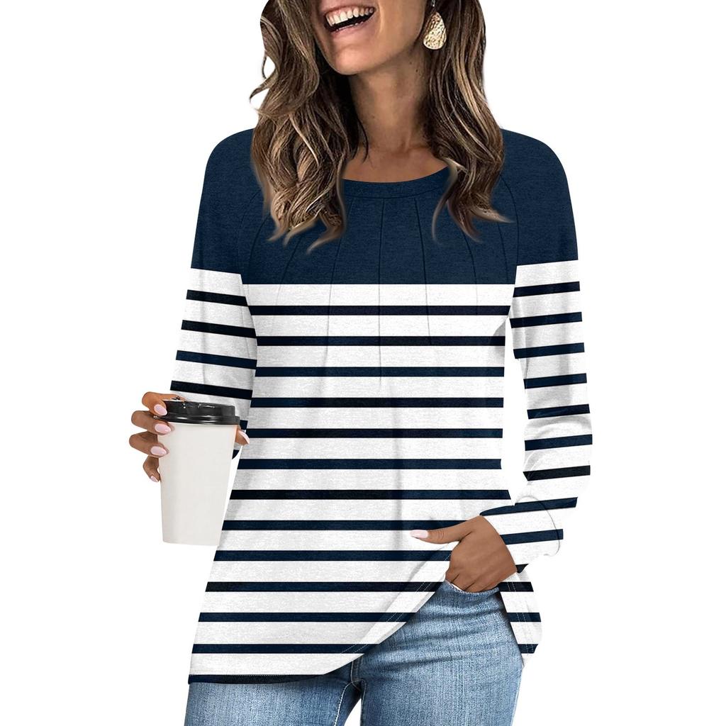 Women's Fashion Casual Pleated Round Neck Long Sleeve Striped T-Shirt Comfortable Top