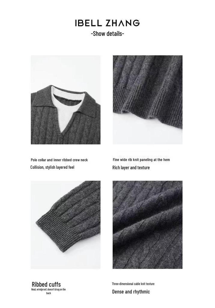 Women's Two-Piece Look Polo Collar Wool Sweater - Thick and Loose Knitwear for Autumn/Winter