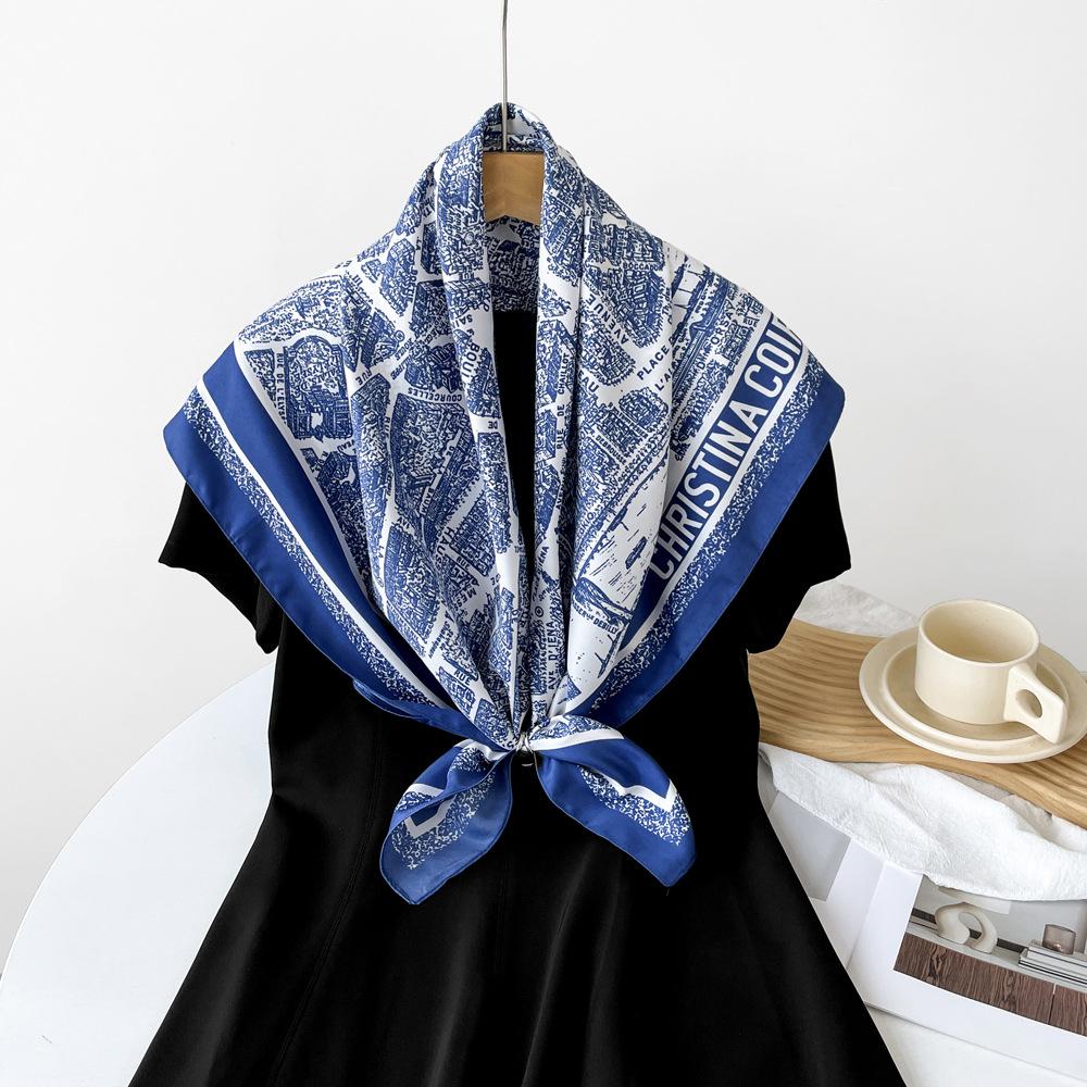 New Scarf Abstract Letter Color Block Shawl Imitation Silk Square Scarf Thin Light Breathable Scarf Twill Headscarf
