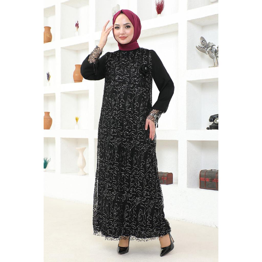 Женская одежда Вечернее платье Модное сетчатое вечернее платье в стиле хиджаб с блестками и розами 2517 Темно-синий