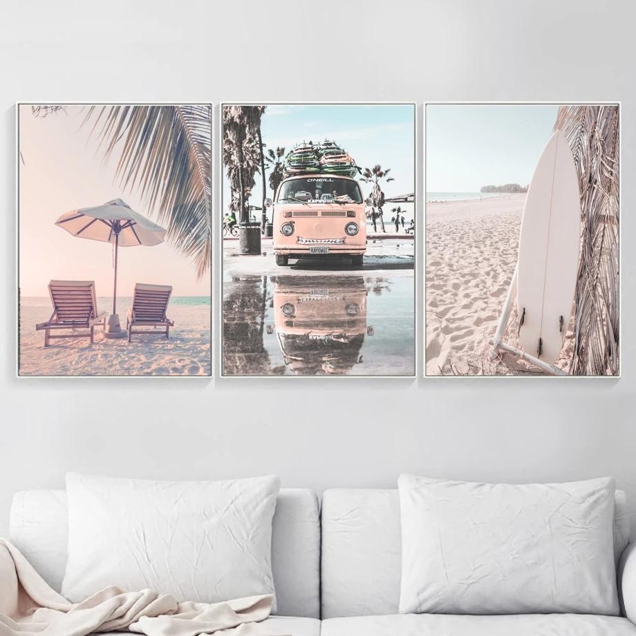 Nordic Summer Coastline Surf Canvas Poster Print Sunny Beach Bus Palm Trees Wall Art Painting Landscape Pictures For Living Room
