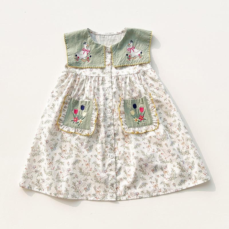 Girls Summer Sleeveless Dress Sweet Floral Collar Contrast Animal Embroidery Baby Dress
