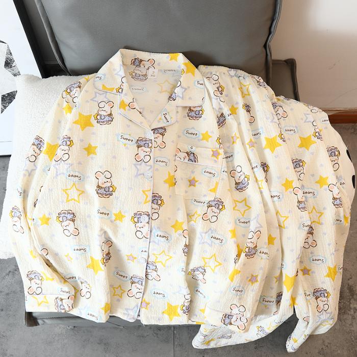 Женский пижамный комплект с рисунком медведя из мультфильма, осенняя пижама для женщин в стиле Харадзюку, повседневная домашняя одежда, одежда для сна