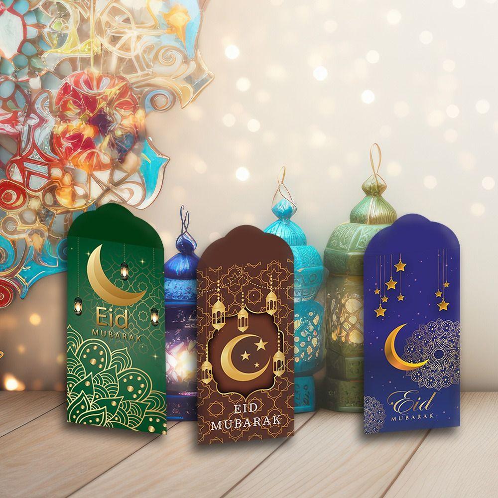 6Pcs 2026 Paper Eid Mubarak Cash Envelopes Thickened Colorful Money Cards Eid Al-fitr Supplies for Family Gathering