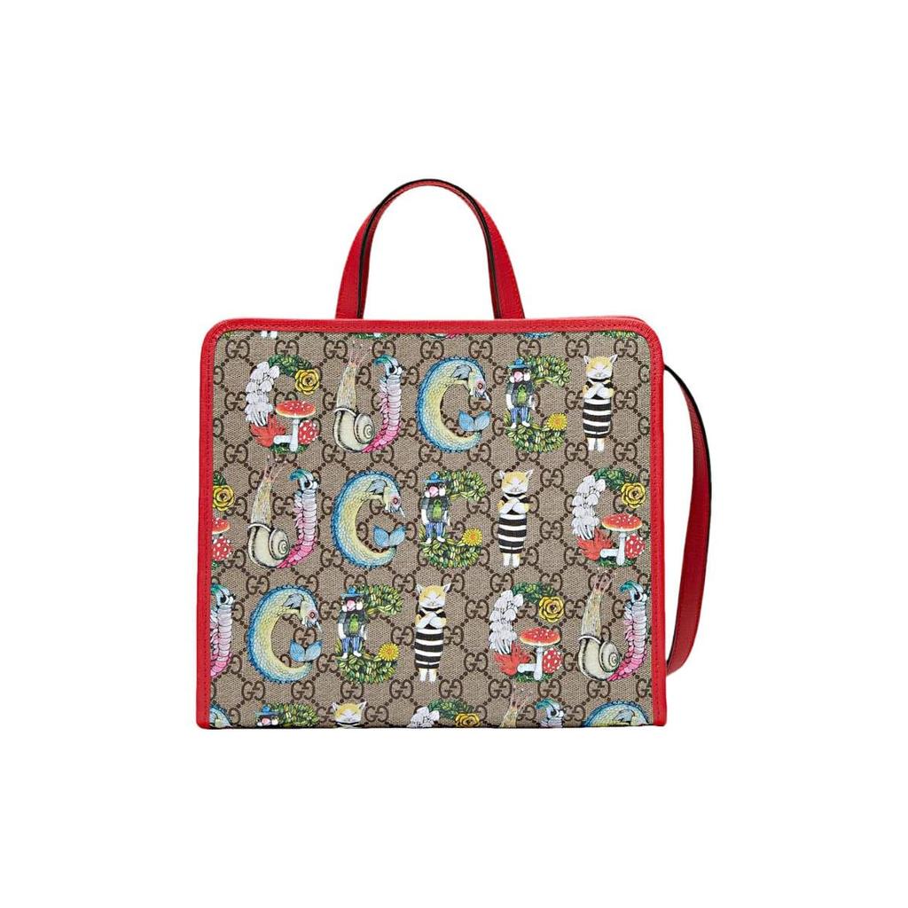 GUCCI Canvas With Leather Tote Bag, Shopping Bag, Shoulder Bag, Crossbody Bag, Handbag Regular Kids' Brown/Red 612992-HYCCN-8695