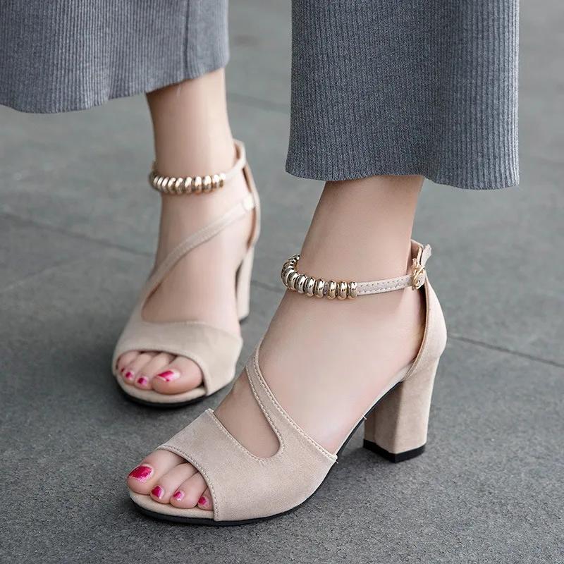 2024 Summer Fish Mouth Style Large Size 34-42 Solid Color Fashion Beaded One-line Buckle All-matching Low Top Sandals for Women