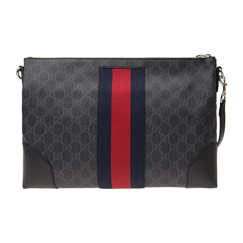 Gucci Distressed classic presbyopic logo striped webbing canvas and leather shoulder crossbody bag men's black gray
