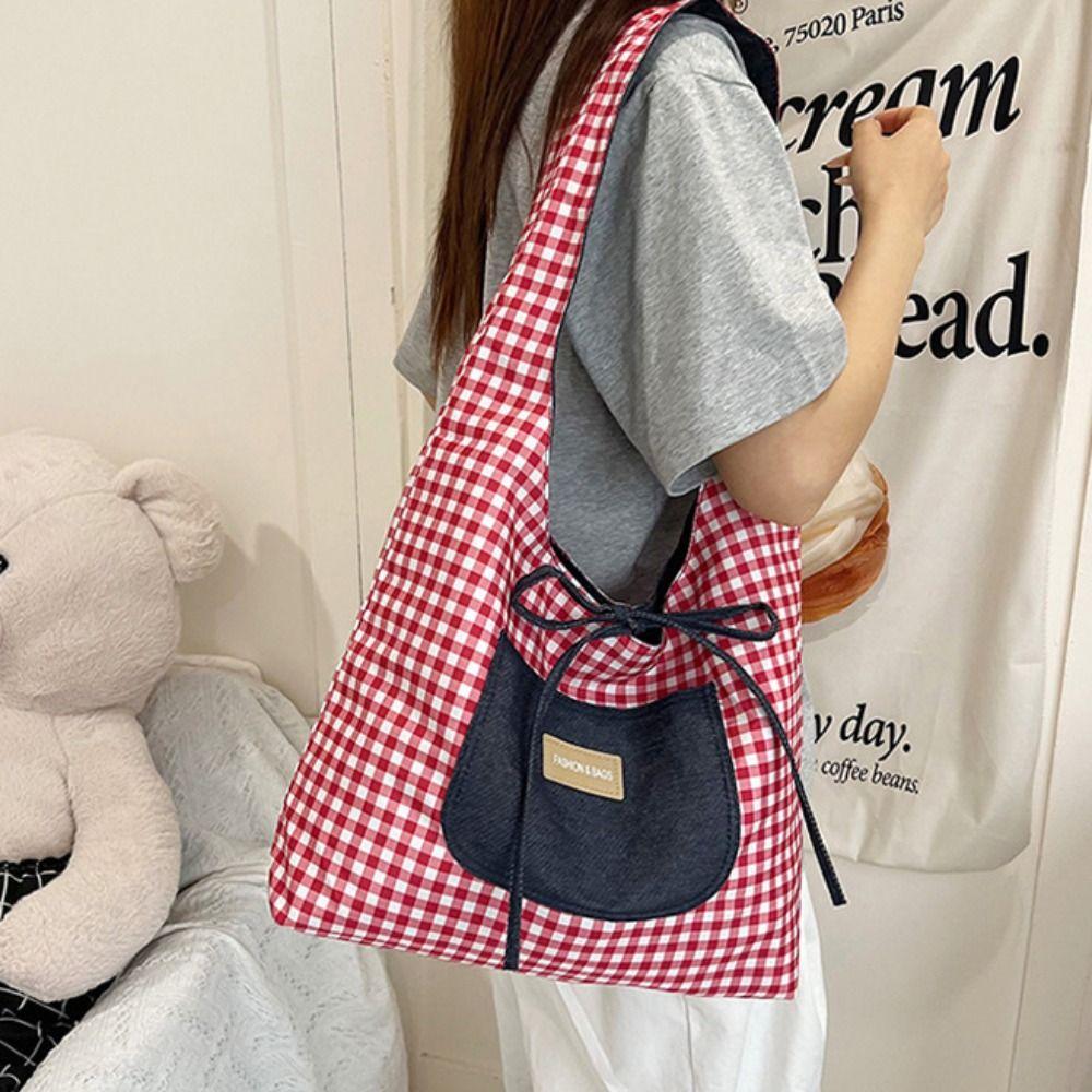 Japanese Style Denim Shoulder Bag Lattice Canvas Tote Bag Double Sided Plaid Denim Vest Bag  Travel