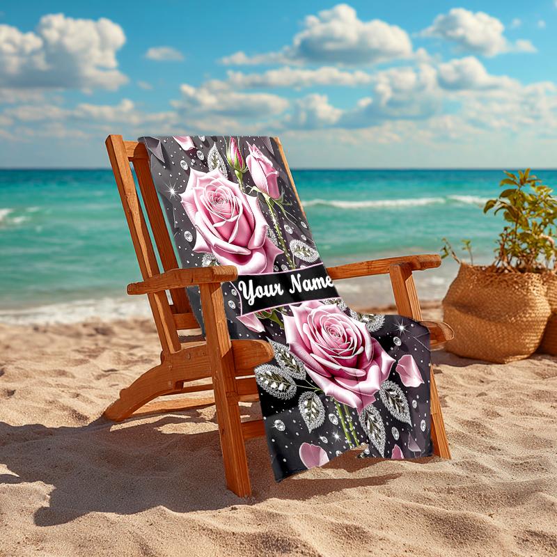 1PC Custom Name Roses Diamonds Sparkle Beach Towel Highly Absorbent And Sand-Resistant Towel for Swimming, Pool, Yoga, And Travel Lightweight