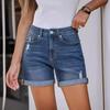 New Summer Women's Straight-leg, Slim-fit, Worn-out and Rolled-up Denim Shorts