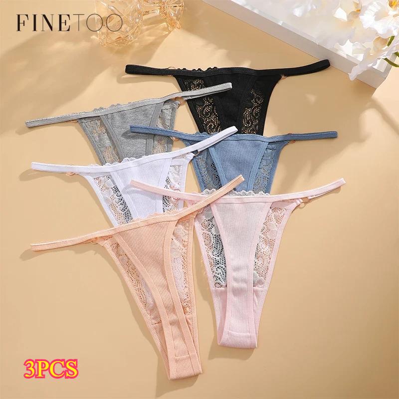 3PCs Low Waisted G-String Women American Lace Lady Cotton-Back Breathable Sheer Thin Strap Metal Thong