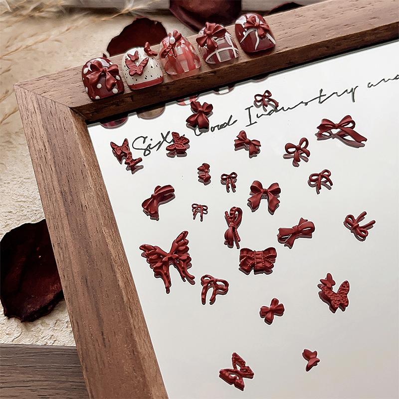 5PCS Manicure Vintage Charms Accessories Salon DIY French Wine Red Ribbon Mini Jelly Bow Resin Nail Art Rhinestones Decorations