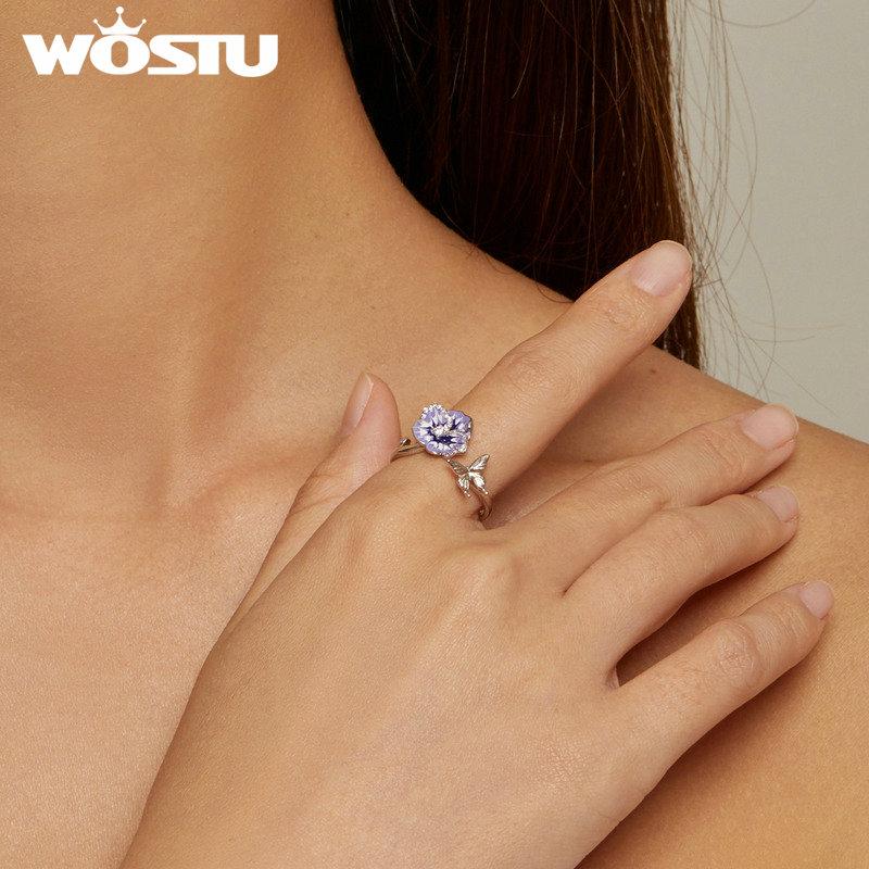 WOSTU 925 Stelring Silver Purple Pansy Flower Open Rings For Women Wedding Party Statement Stackable Butterfly Ring Holiday Gift2