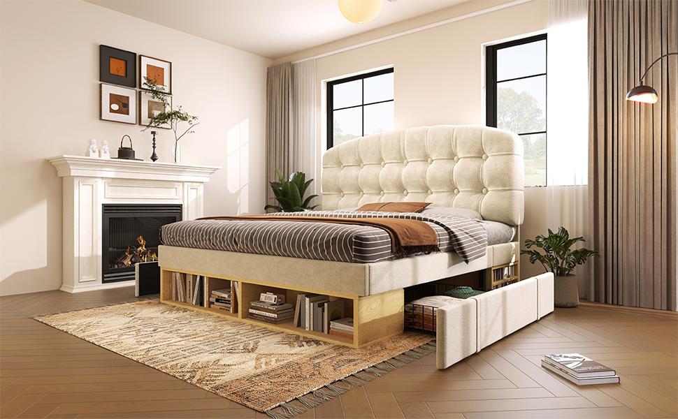 Double Bed 140x190 Velvet Beige Upholstered Bed with Slatted Base, Height-Adjustable Headboard, Drawers, Storage Space, Bedroom Bed without Mattress