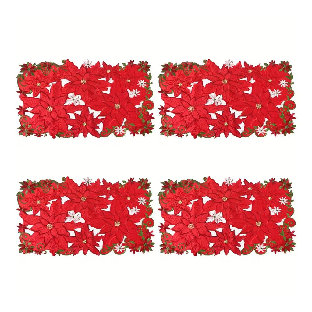 4 Pcs Christmas Embroidered Flower Rectangular Table Mats 11.02x16.93inch Table Doily Holiday Placemats Set for Home and Kitchen