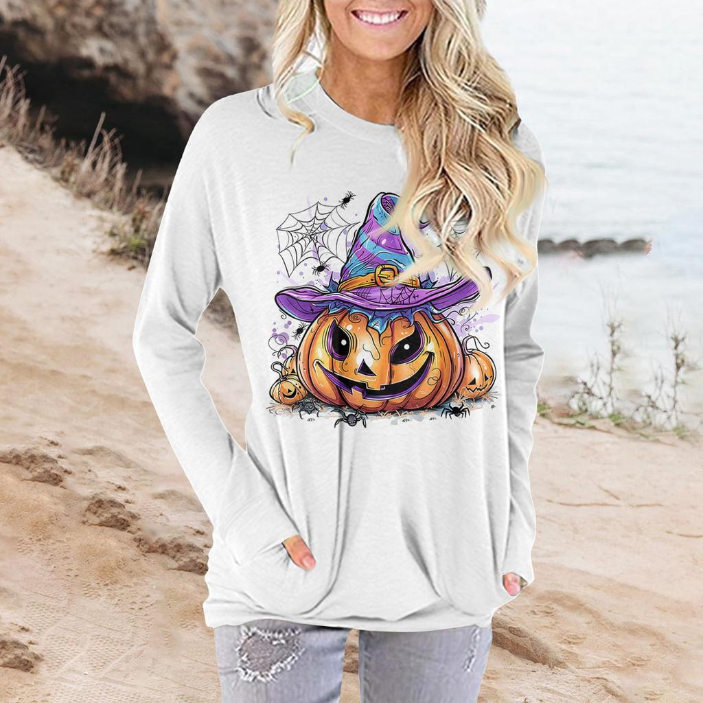 Женская модная повседневная футболка с круглым вырезом и принтом, длинными рукавами и карманами