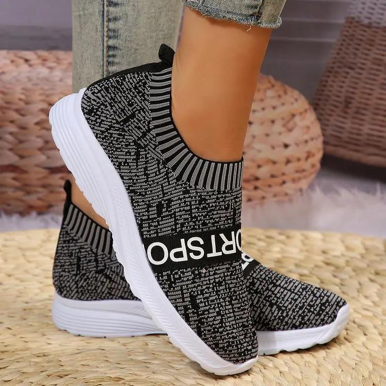 Модная Новая Обувь Большого Размера для Женщин Осень 2024 Новые Повседневные Кроссовки на Плоской Подошве с Эластичным Ремнем, Легкие, Слипоны, с Летающим Переплетением