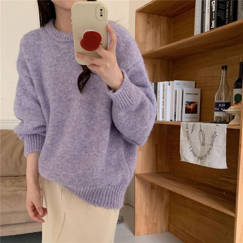 Женский осенне-зимний нежный пуловер с круглым вырезом, свободный вязаный джемпер