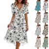 Women's Fashion Casual V Neck Short Sleeve Ruffled Vintage Printed Dresses