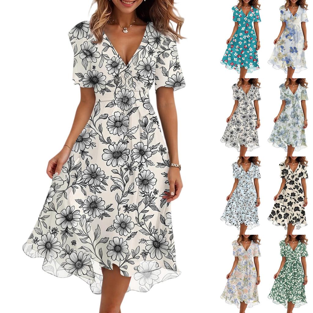 Women's Fashion Casual V Neck Short Sleeve Ruffled Vintage Printed Dresses
